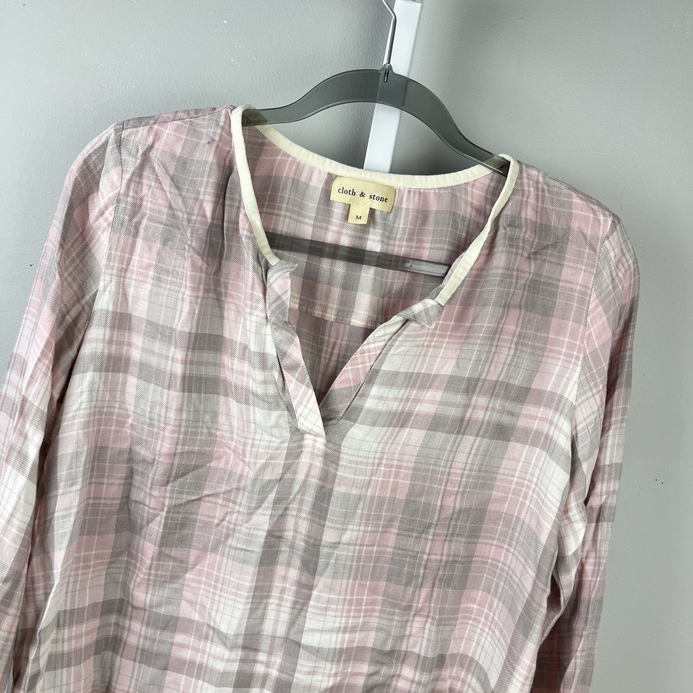 Anthropologie Cloth & Stone Plaid Boho Popover Top Womens M‎ Pink Gray